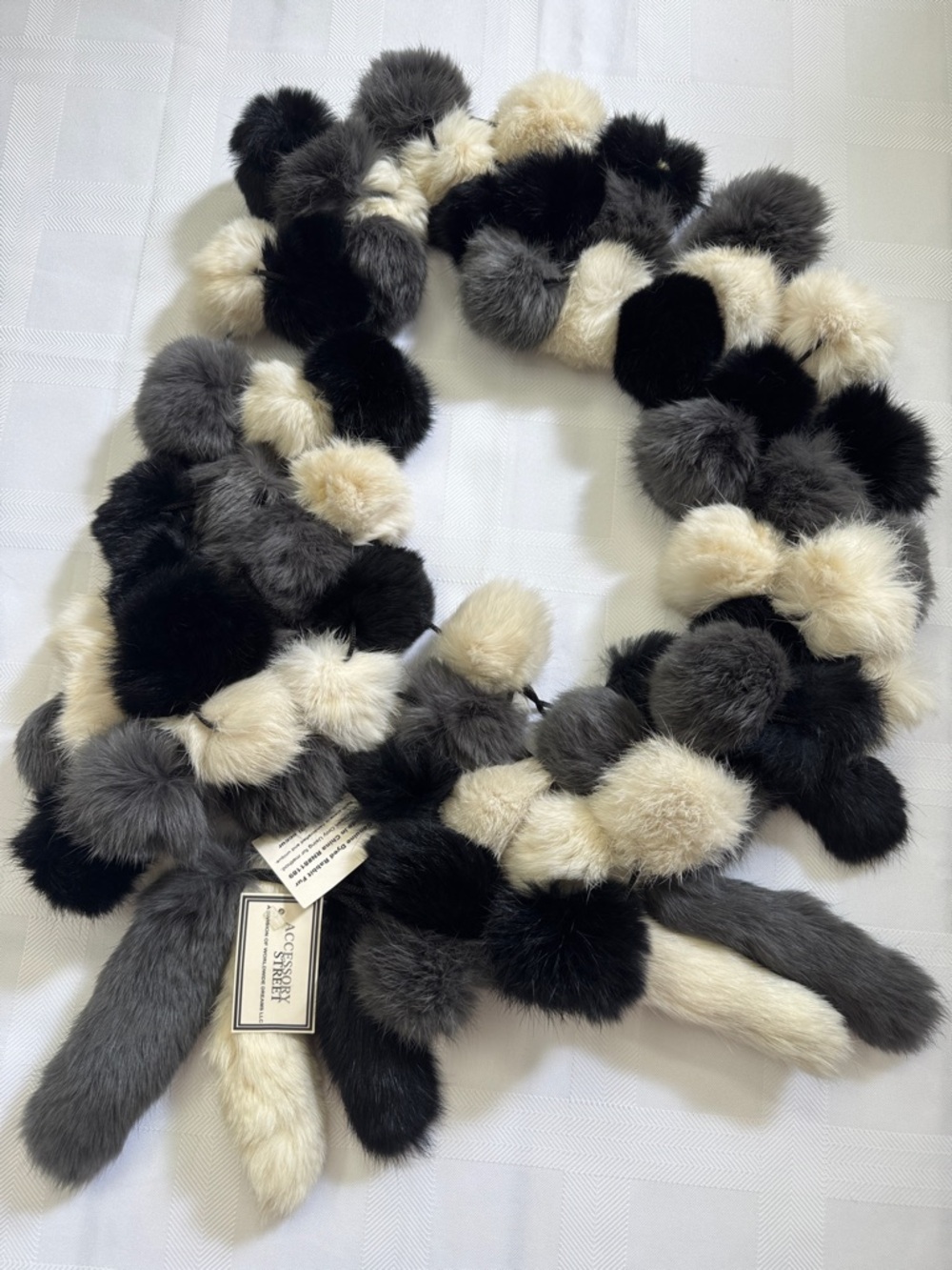 Genuine Fur Pom-Pom Scarf — Black, Gray & Cream